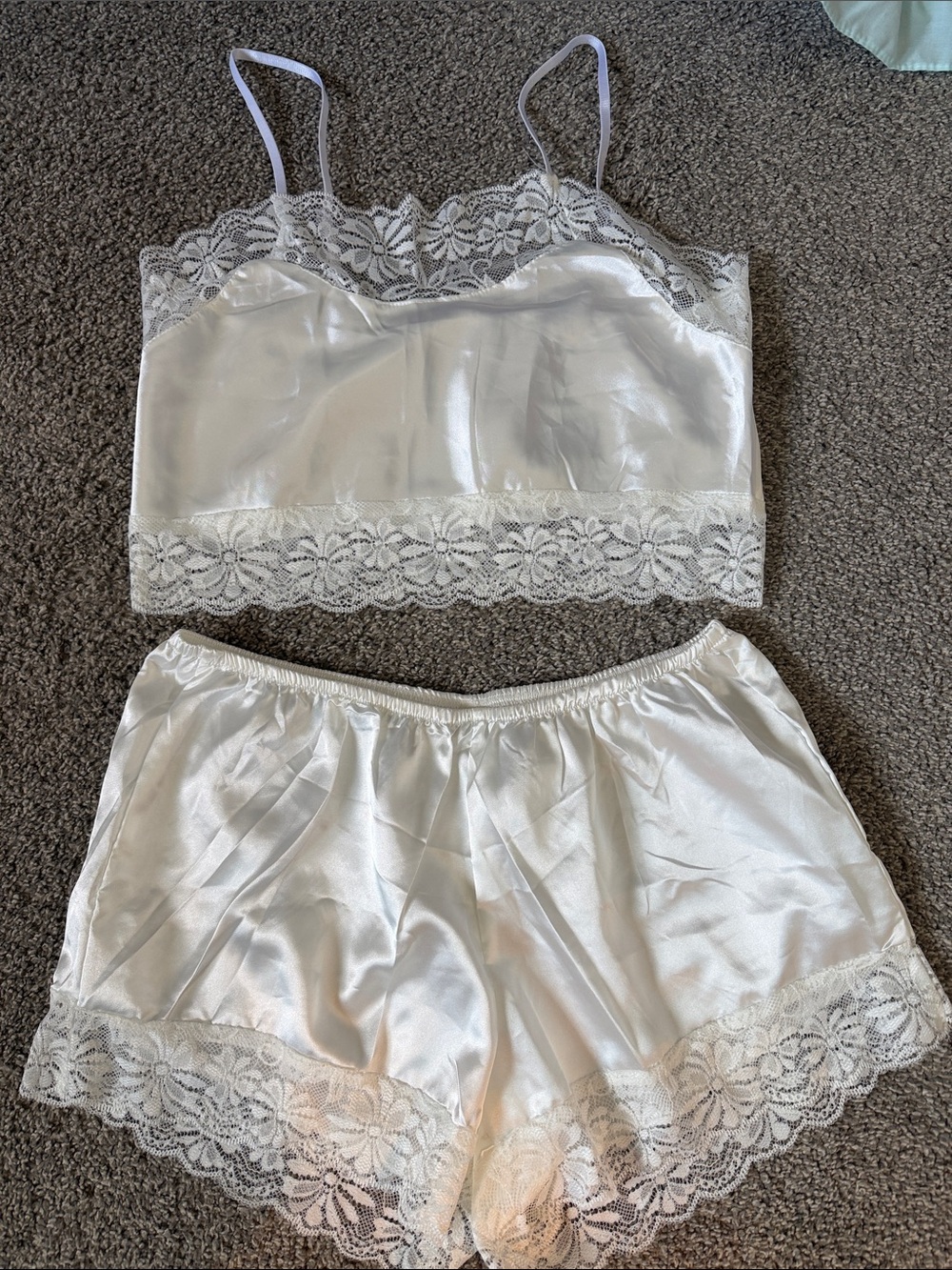 White Satin Lace Cami & Shorts Pajama Set